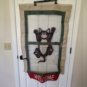 Black Cat Hanging In Door Screen Two-Sided Welcome Flag